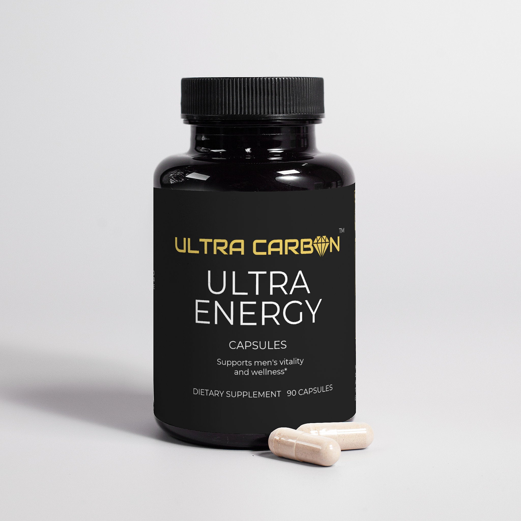 Black bottle labeled 'Ultra Carbon Ultra Energy Capsules.'