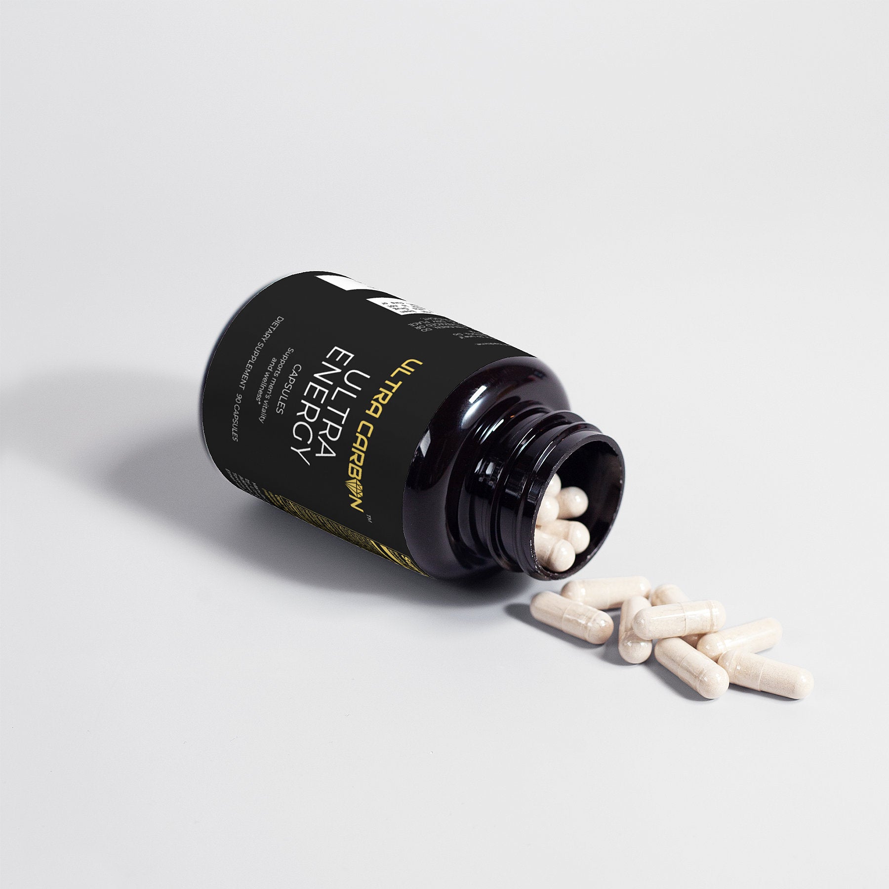 Black bottle labeled 'Ultra Carbon Ultra Energy Capsules.'