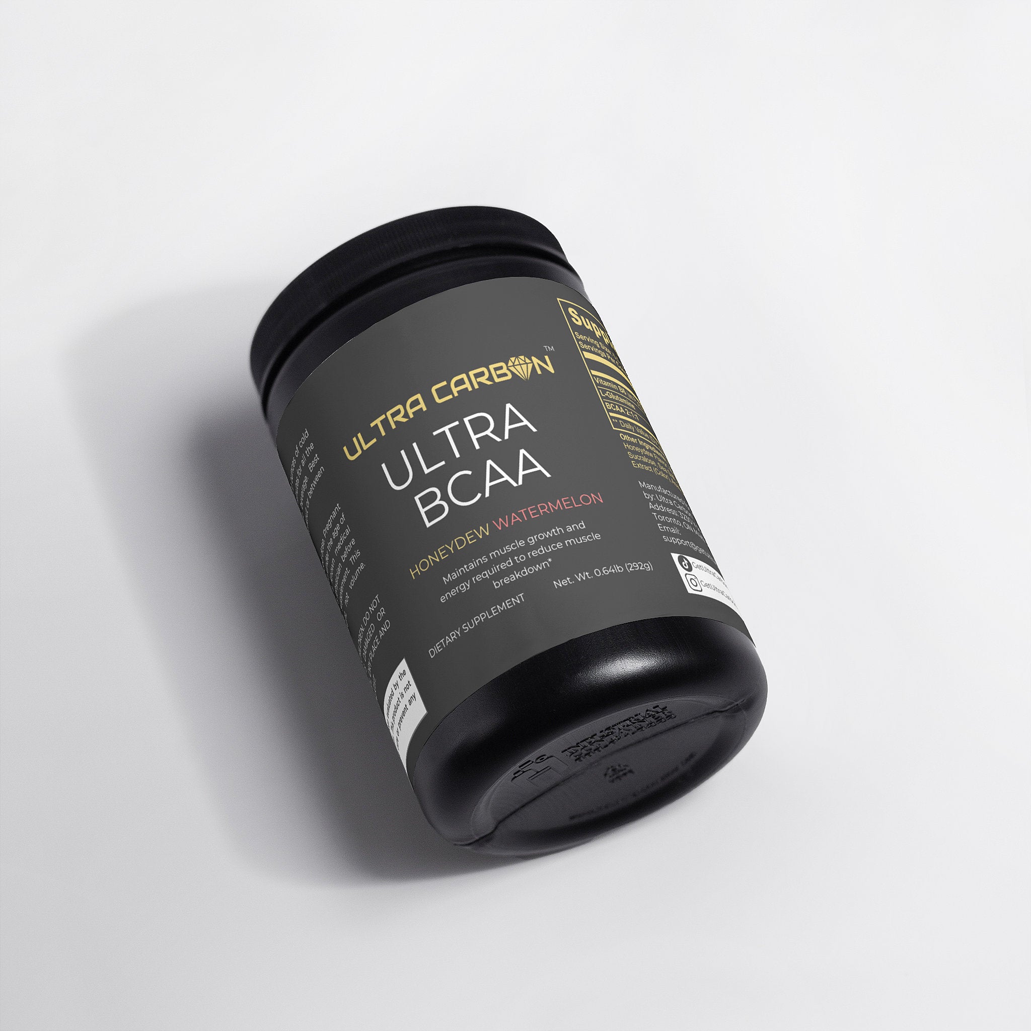 Black container of Ultra BCAA honeydew watermelon dietary supplement, labeled for muscle growth support.