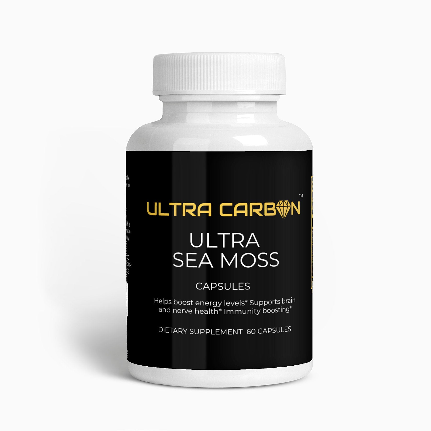 A white bottle of Ultra Carbon's Ultra Ashwagandha dietary supplement with 60 capsules.