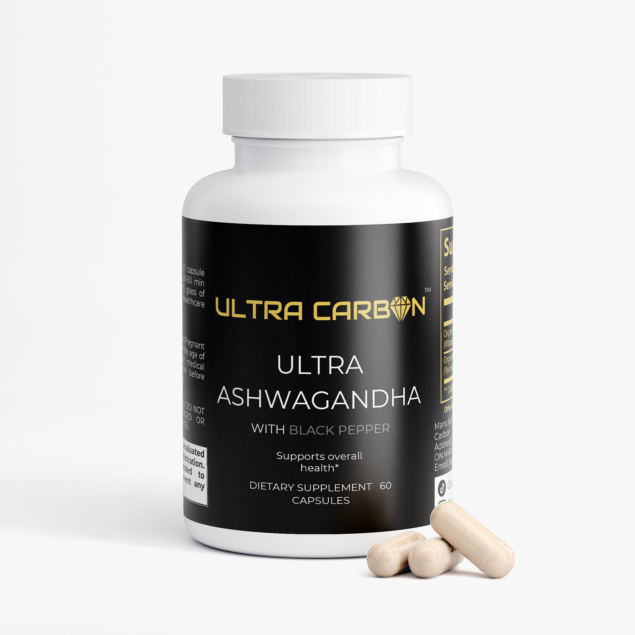 A white bottle of Ultra Carbon's Ultra Ashwagandha dietary supplement with 60 capsules.
